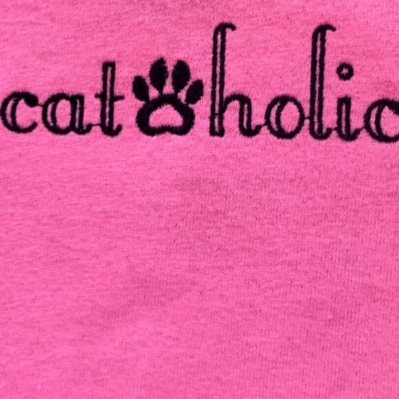 Gildan Cotton Pink V-Neck Short Sleeve Novelty T-shirt "cat-holic" S M #77A - Picture 6 of 9